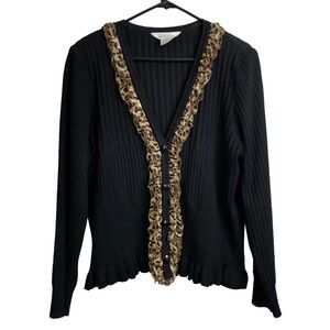 Exclusively Misook Cardigan Large Womens Black Tan Ribbed Ruffle Animal Print